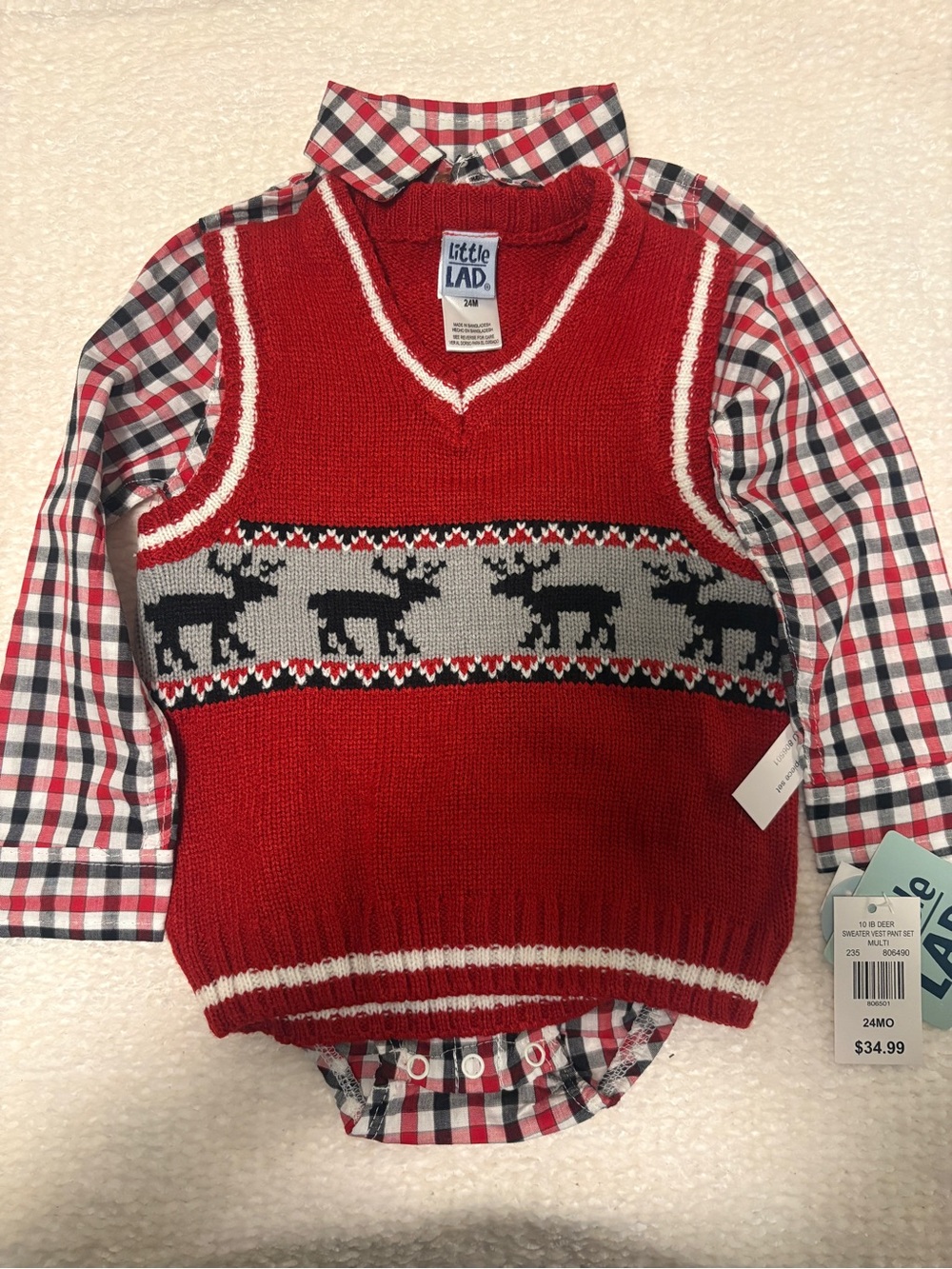 Red Knit Reindeer Sweater Vest & Plaid Bodysuit